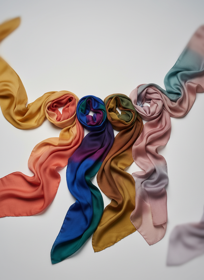 A set of four luxurious silk scarves, each representing a different colour season group tailored to Pakistani and South Asian undertones, laid out in a flowing wave across a matte white background. One scarf glows with warm golden and coral shades, another with cool jewel blues and plums, a third with earthy olives and cinnamons, and the last with delicate dusty pinks and muted teals. The silk catches soft studio lighting, creating subtle highlights and shadows that reveal the fluid drape and fine weave. The composition uses asymmetrical balance, with the scarves crossing near the centre and edges softly fading into bokeh. The atmosphere is refined and aspirational, captured in crisp photographic realism to evoke a premium, editorial beauty consultation brand.