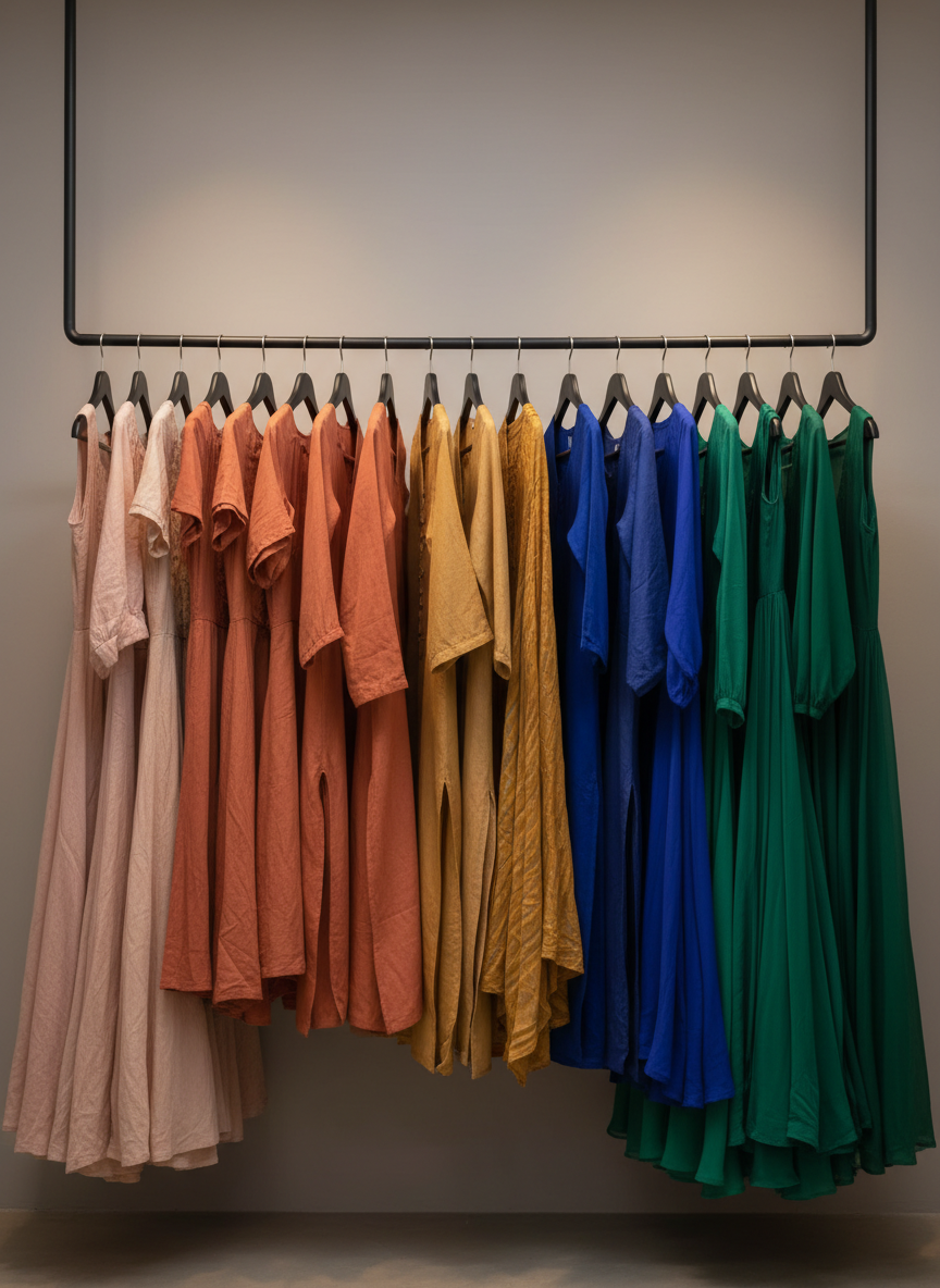 A carefully curated rail of clothing, hangers evenly spaced, displaying colour-coordinated garments specifically chosen for deeper South Asian complexions. Rich emeralds, burnished golds, sapphire blues, spicy terracottas and soft rose beiges are arranged from light to dark. The fabrics include matte cottons, flowing chiffons and subtly textured linens, all facing the same direction on slim, matte black hangers. The rail stands in front of a smooth, warm-grey wall with no other distractions. Soft, even studio lighting from above and slightly to the side creates a gentle gradient on the wall and brings out the textures without harsh shadows. Shot straight-on at eye level with a wide aspect ratio, the composition feels organised and editorial, conveying a polished, professional wardrobe consultation environment in photographic realism.
