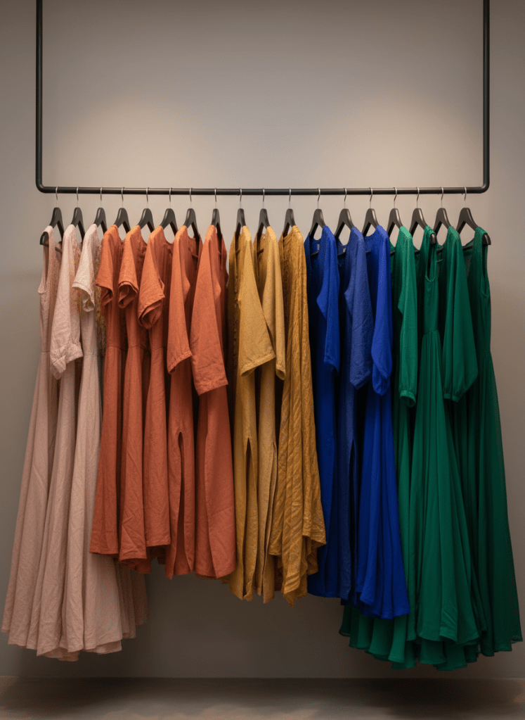 A carefully curated rail of clothing, hangers evenly spaced, displaying colour-coordinated garments specifically chosen for deeper South Asian complexions. Rich emeralds, burnished golds, sapphire blues, spicy terracottas and soft rose beiges are arranged from light to dark. The fabrics include matte cottons, flowing chiffons and subtly textured linens, all facing the same direction on slim, matte black hangers. The rail stands in front of a smooth, warm-grey wall with no other distractions. Soft, even studio lighting from above and slightly to the side creates a gentle gradient on the wall and brings out the textures without harsh shadows. Shot straight-on at eye level with a wide aspect ratio, the composition feels organised and editorial, conveying a polished, professional wardrobe consultation environment in photographic realism.