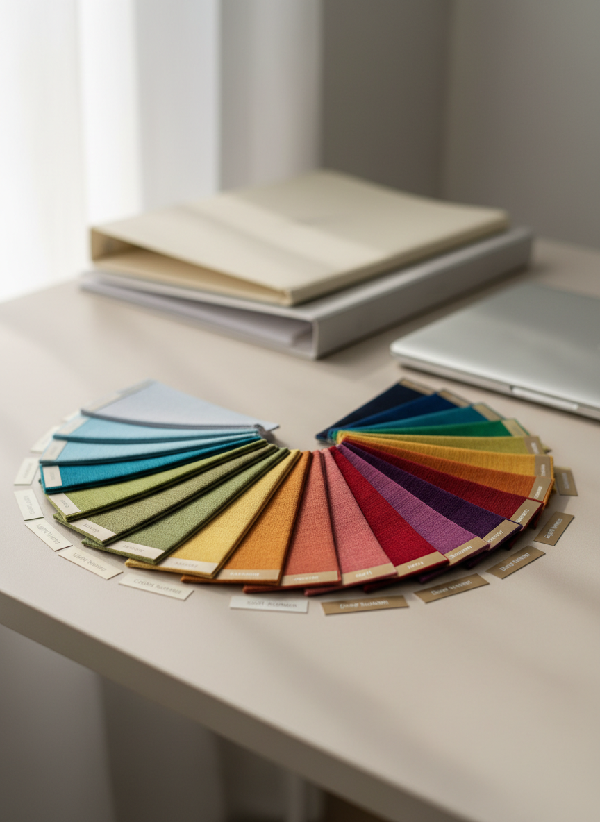 A meticulously arranged 12-season colour analysis fan deck, each swatch a rich fabric rectangle labelled with its season, fanned out in a perfect semi-circle on a smooth, light beige desk. The fabrics range from delicate powdered pastels to deep jewel tones designed for South Asian complexions, with subtle woven textures visible. Behind them, neatly stacked neutral-toned folders and a closed silver laptop suggest a professional studio. Soft, diffused daylight from an unseen window washes over the scene, creating gentle shadows and natural highlights on the fabric. Photographed at eye level with a shallow depth of field, the focus rests on the centre of the fan deck. The mood is professional, calm and inviting, with clean, photographic realism and a modern, minimalist aesthetic.