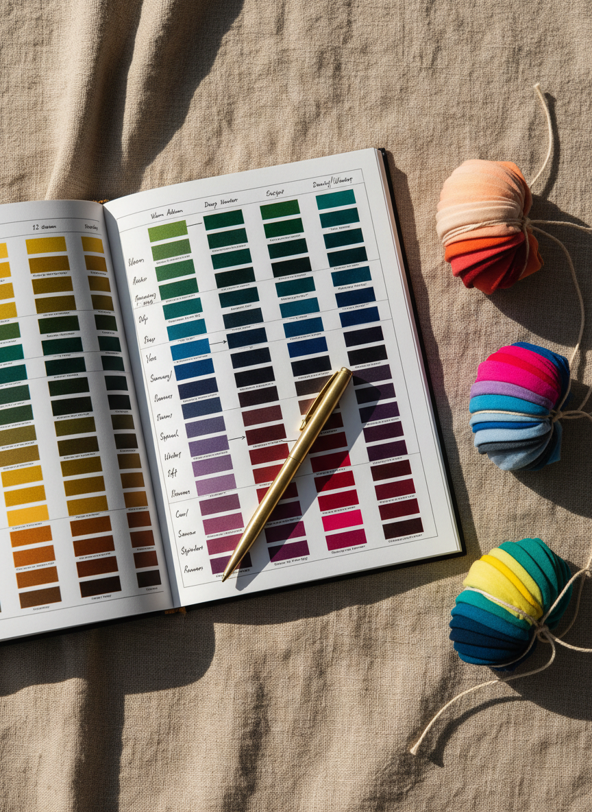 A flat-lay composition of an open colour analysis workbook on a textured linen cloth, its pages displaying neatly printed 12-season charts with rich, saturated swatches suited to South Asian complexions, alongside handwritten notes in precise black ink. Beside it lie three carefully arranged fabric swatch bundles tied with thin cotton string, each bundle showing a distinct seasonal palette gradient from light to dark. A slim brass pen rests diagonally across the notebook, catching a hint of light. Soft morning daylight from the top of the frame creates delicate shadows from the pen and string, emphasising tactile textures. The camera looks straight down, with sharp focus on the central pages and slight blur towards the corners. The mood is thoughtful and studious, with a warm, professional photographic realism that evokes a bespoke analysis process.