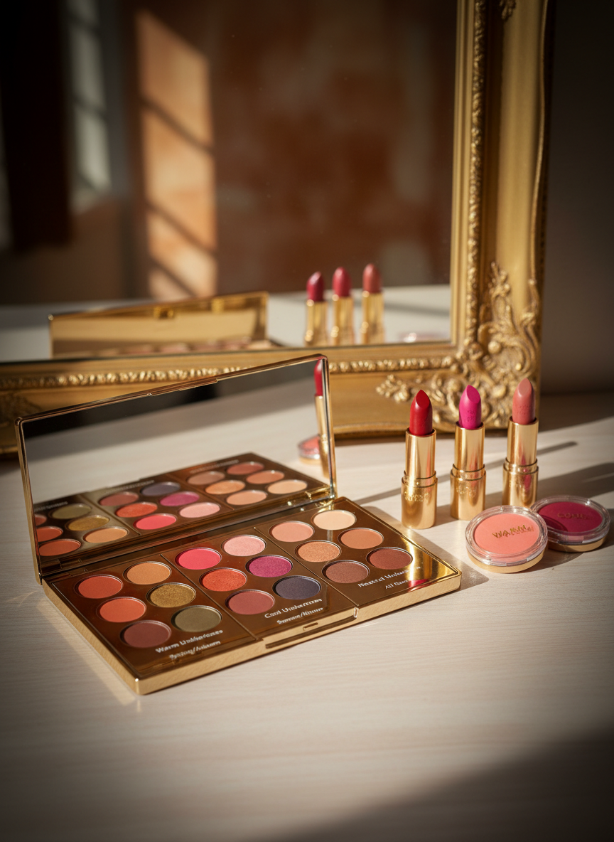 A polished dressing table scene featuring an open, neatly organised makeup palette designed for South Asian skin tones, each pan displaying shades grouped by warm, cool, and neutral undertones corresponding to the 12-season system. The palette rests on a pale wood surface beside colour-labelled lipsticks and blush compacts, all arranged in a tidy grid. A large upright mirror in the background reflects an abstract blur of warm, neutral walls. Soft natural window light from the left creates delicate reflections on metallic packaging and gentle shadows under the products. Captured from a slightly elevated angle with sharp focus on the central palette and a subtle vignette around the edges, the mood feels professional yet approachable. The style is clean, modern photographic realism, ideal for illustrating personalised beauty colour guidance.