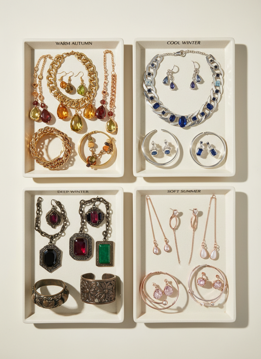 A set of four elegant jewellery trays on a low-gloss ivory surface, each tray dedicated to one colour season family, displaying necklaces, earrings and bangles in metals and gemstones that flatter South Asian skin. One tray glows with rich yellow gold and warm topaz, another with cool silver and amethyst, a third with antique bronze and deep garnet, and the last with delicate rose gold and soft morganite. The pieces are arranged with intentional spacing, some overlapping slightly to show how tones harmonise. Overhead diffused lighting creates subtle glints on polished metal and faceted stones, with soft-edged shadows beneath. Captured from directly above in a flat-lay composition with sharp focus throughout, the image feels organised, luxurious and educational, embodying clean photographic realism for a professional colour analysis brand.